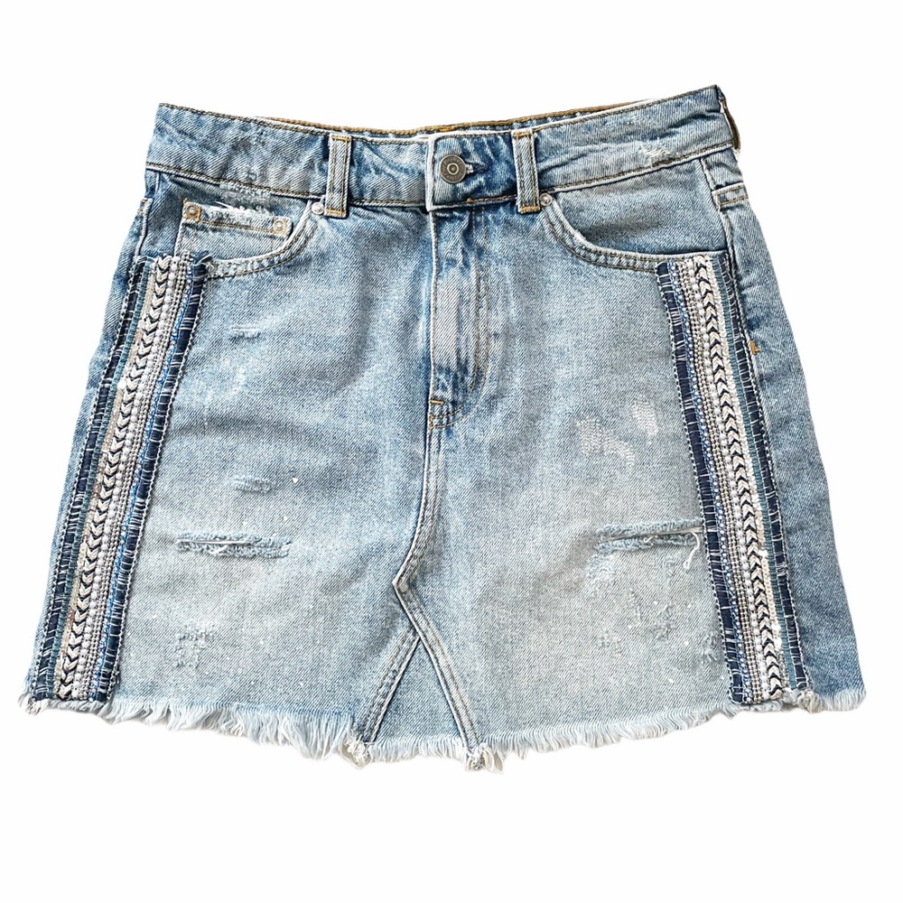 Free People Distressed Jean Mini Skirt Embellished 2